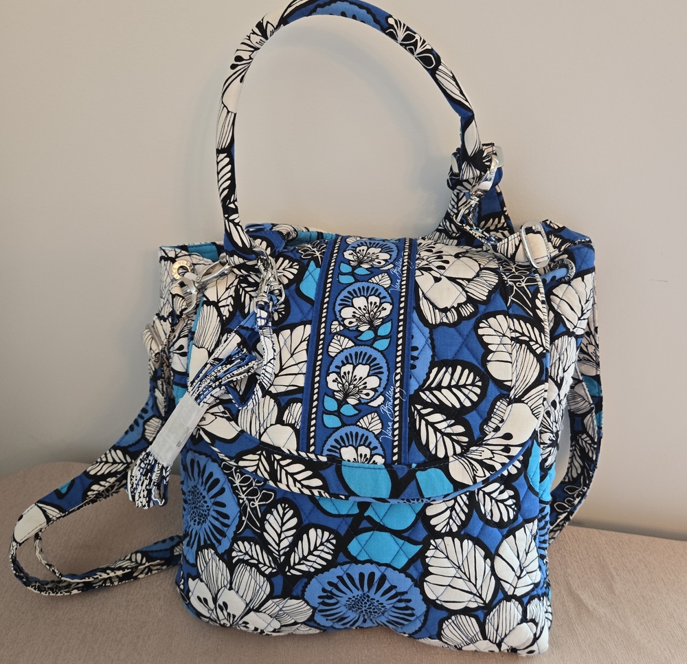 Vera Bradley Blue Floral Quilted Backpack Tote Bag Shoulder Straps